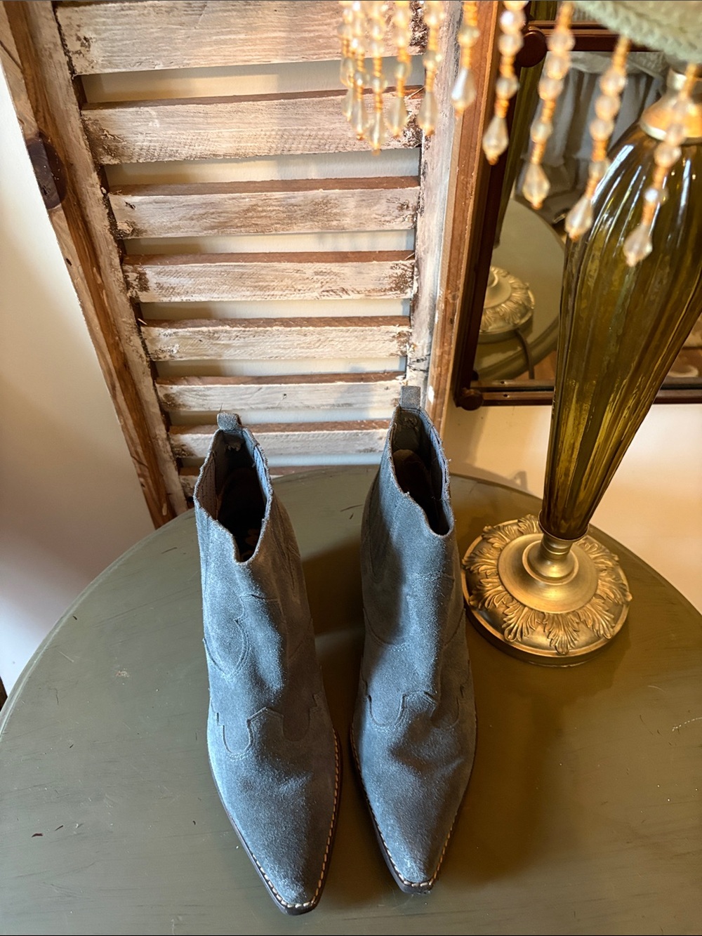 Sam Edelman Slate Blue Suede Pointed Western Booties